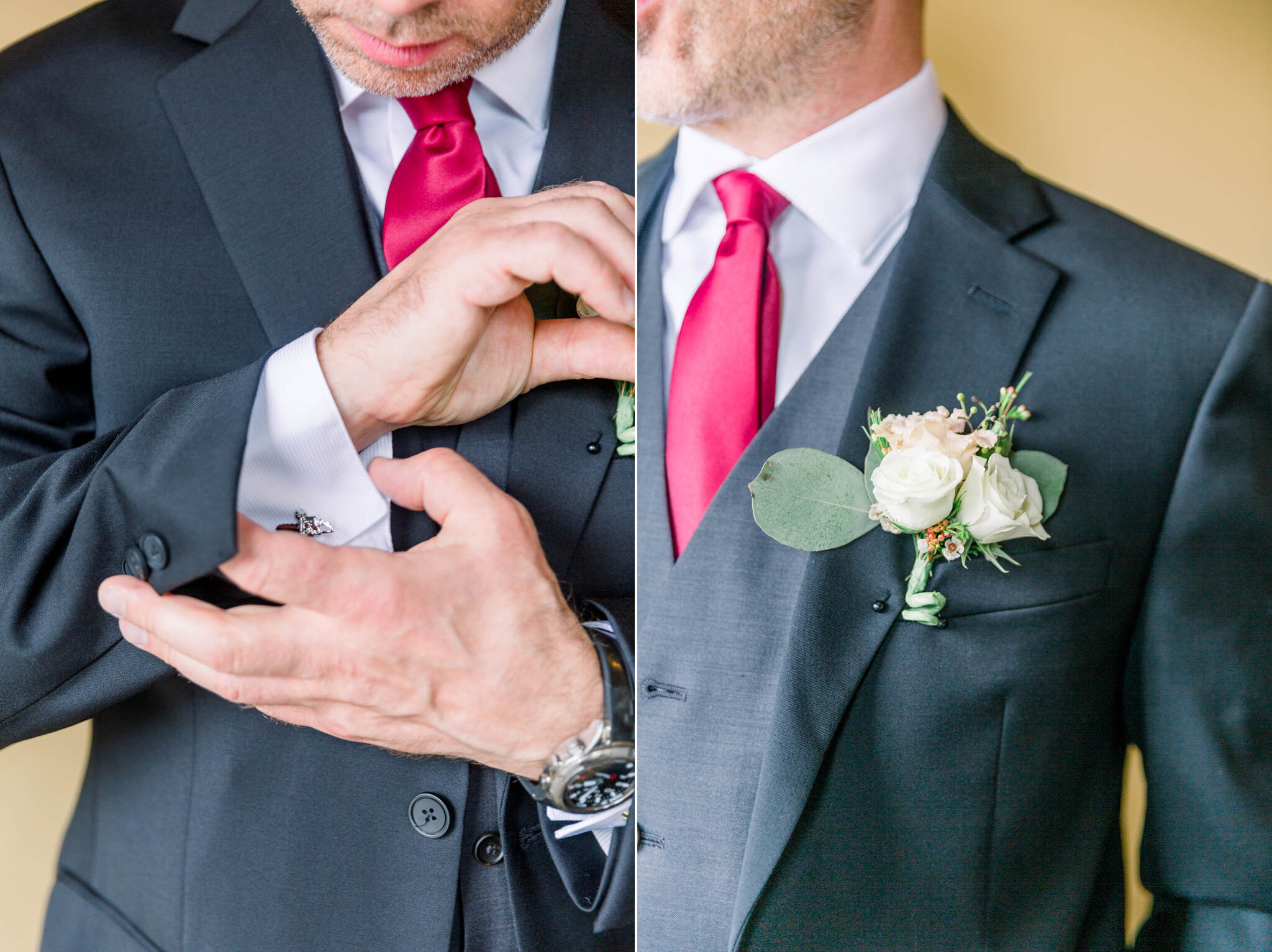 Groom style details red tie at Walters Falls Inn and Spa wedding