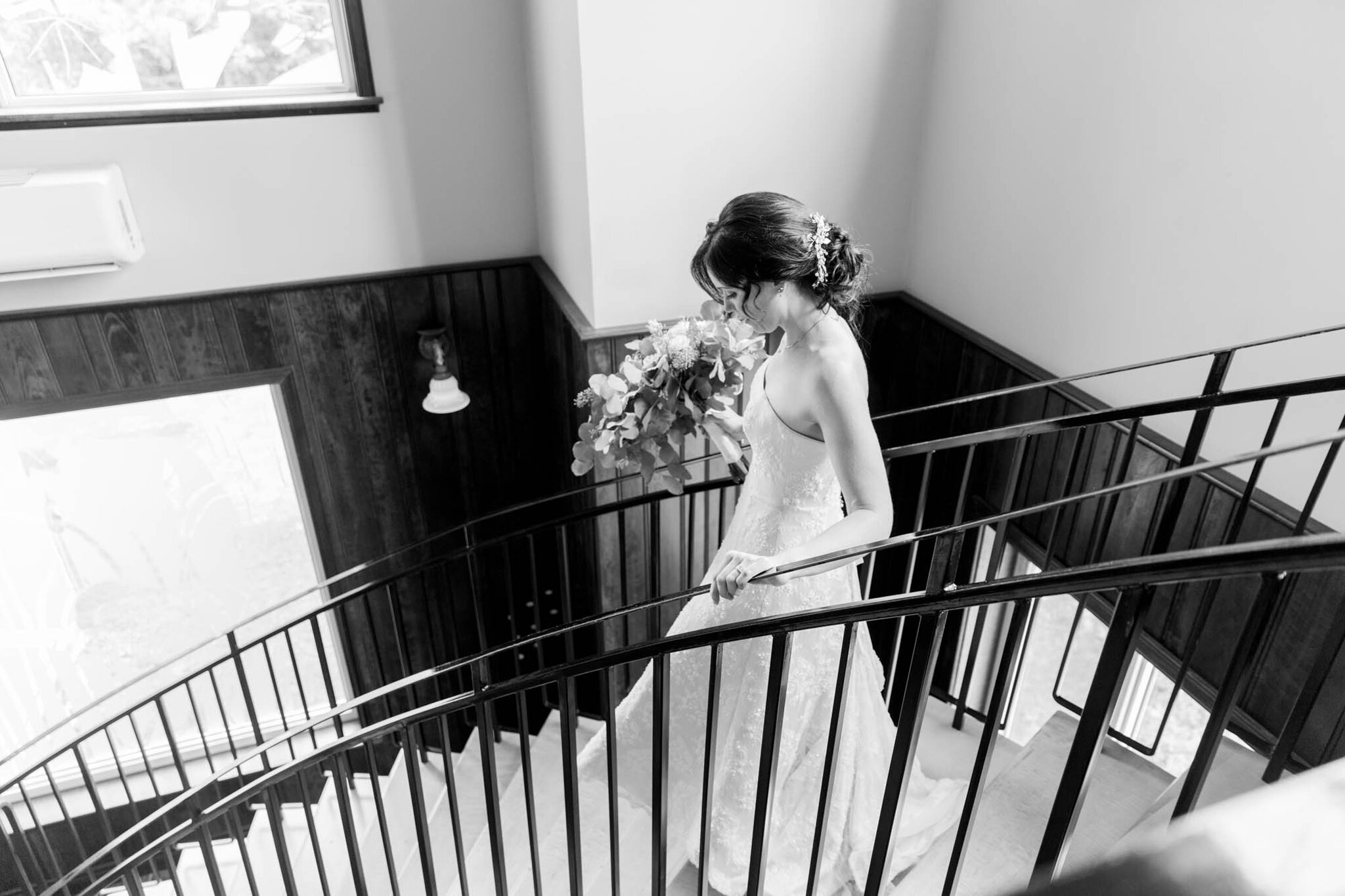 Bride descends spiral staircase for first look at Walters Falls 