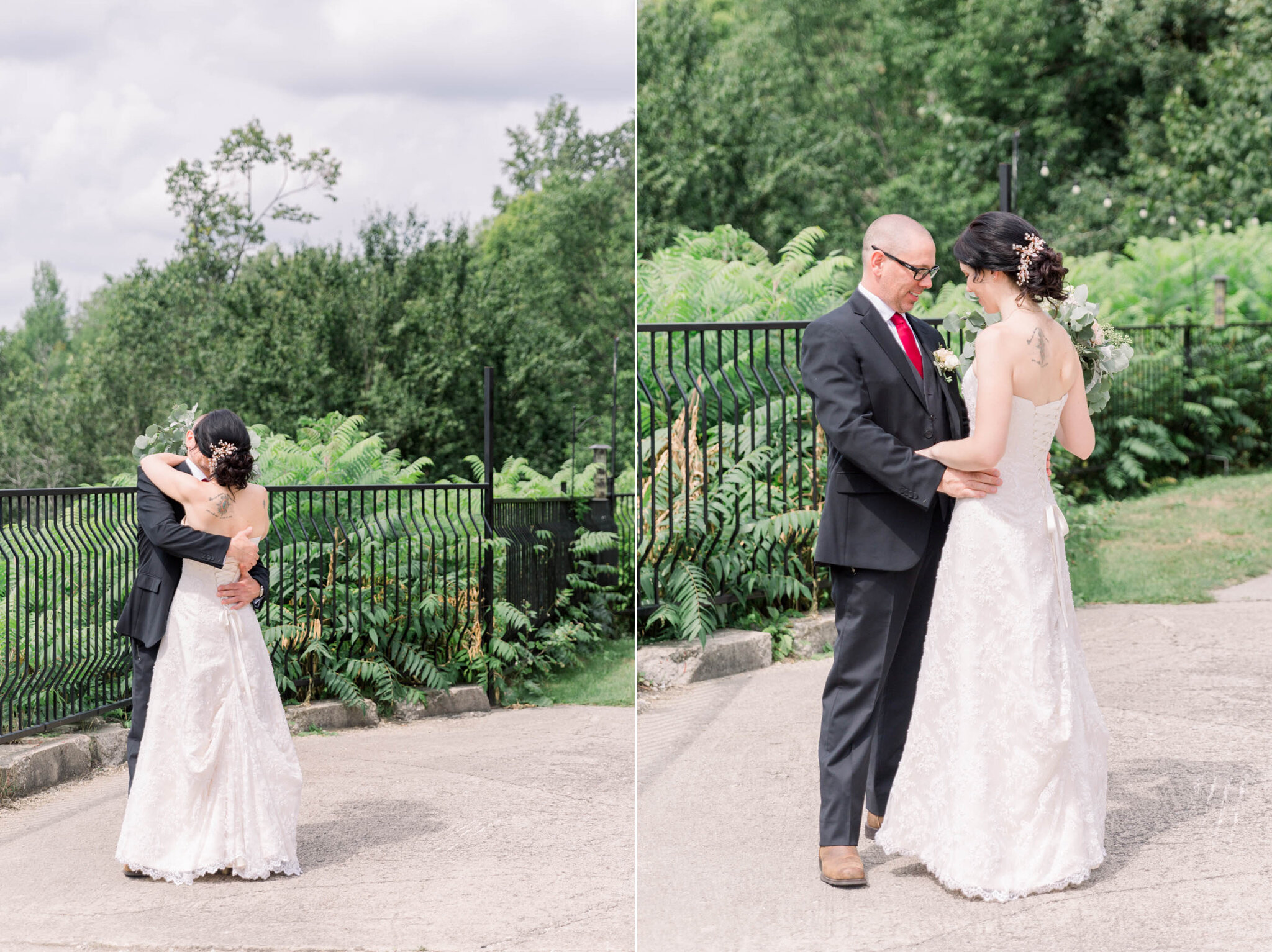 First Look with bride and groom outside at Walters Falls Inn and