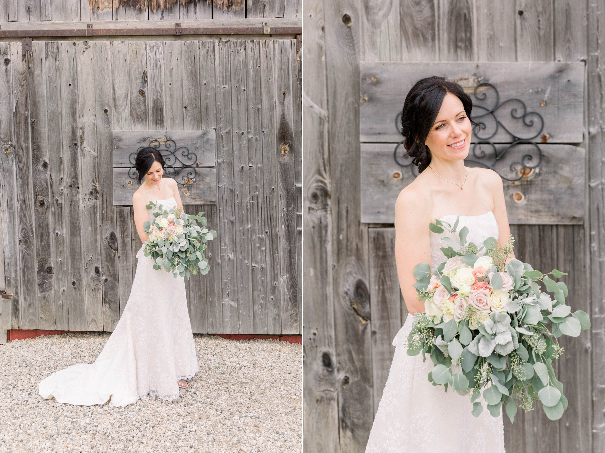 Bridal portraits in front of rustic barn at Walters Falls Inn an