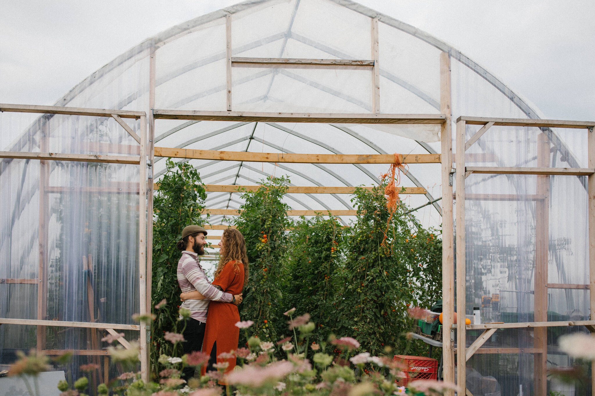 Surprise proposal in the greenhouse at Harvest Moon Farm in Meaf