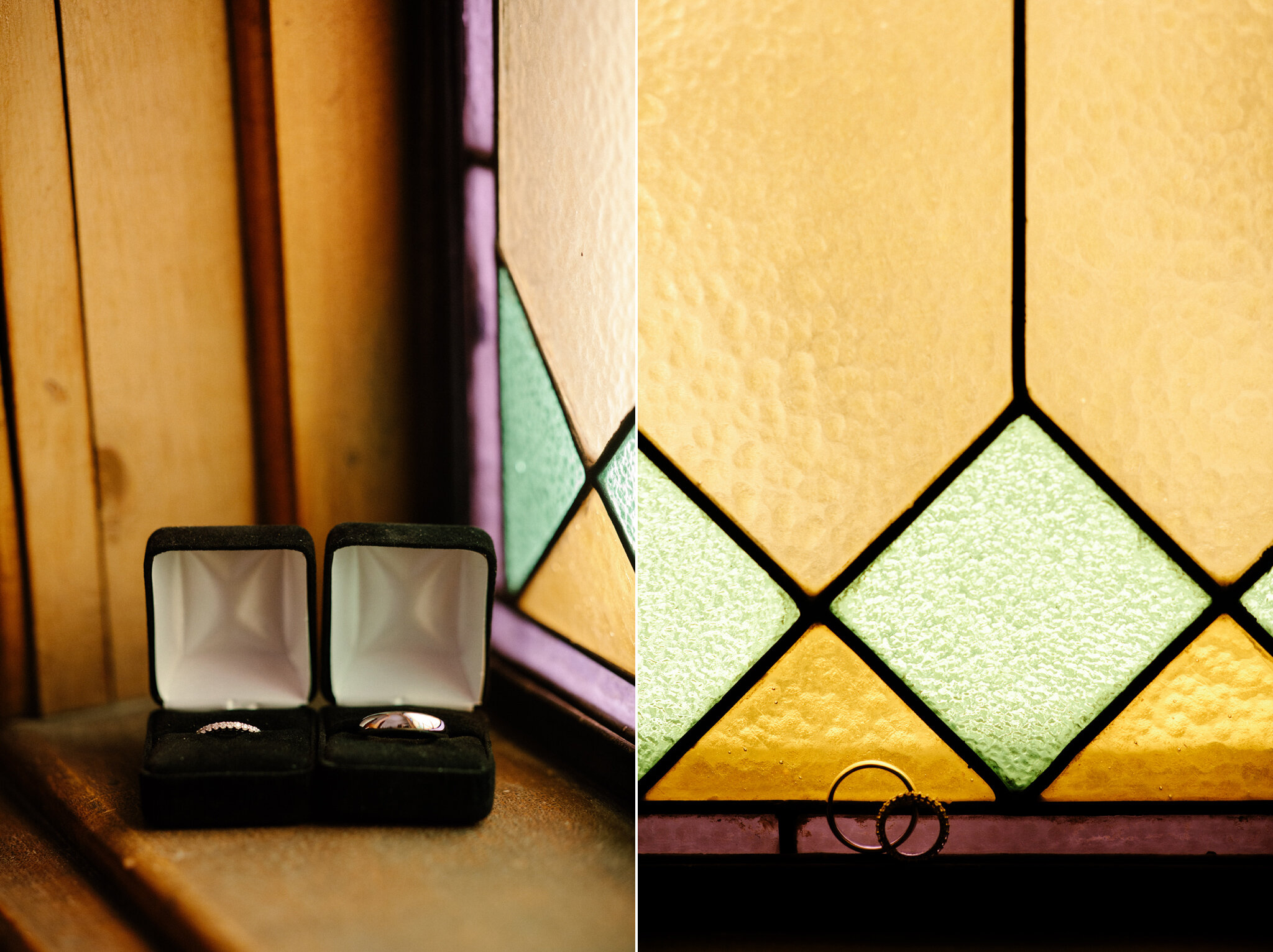 Wedding rings displayed in church stainglass window in Thornnury