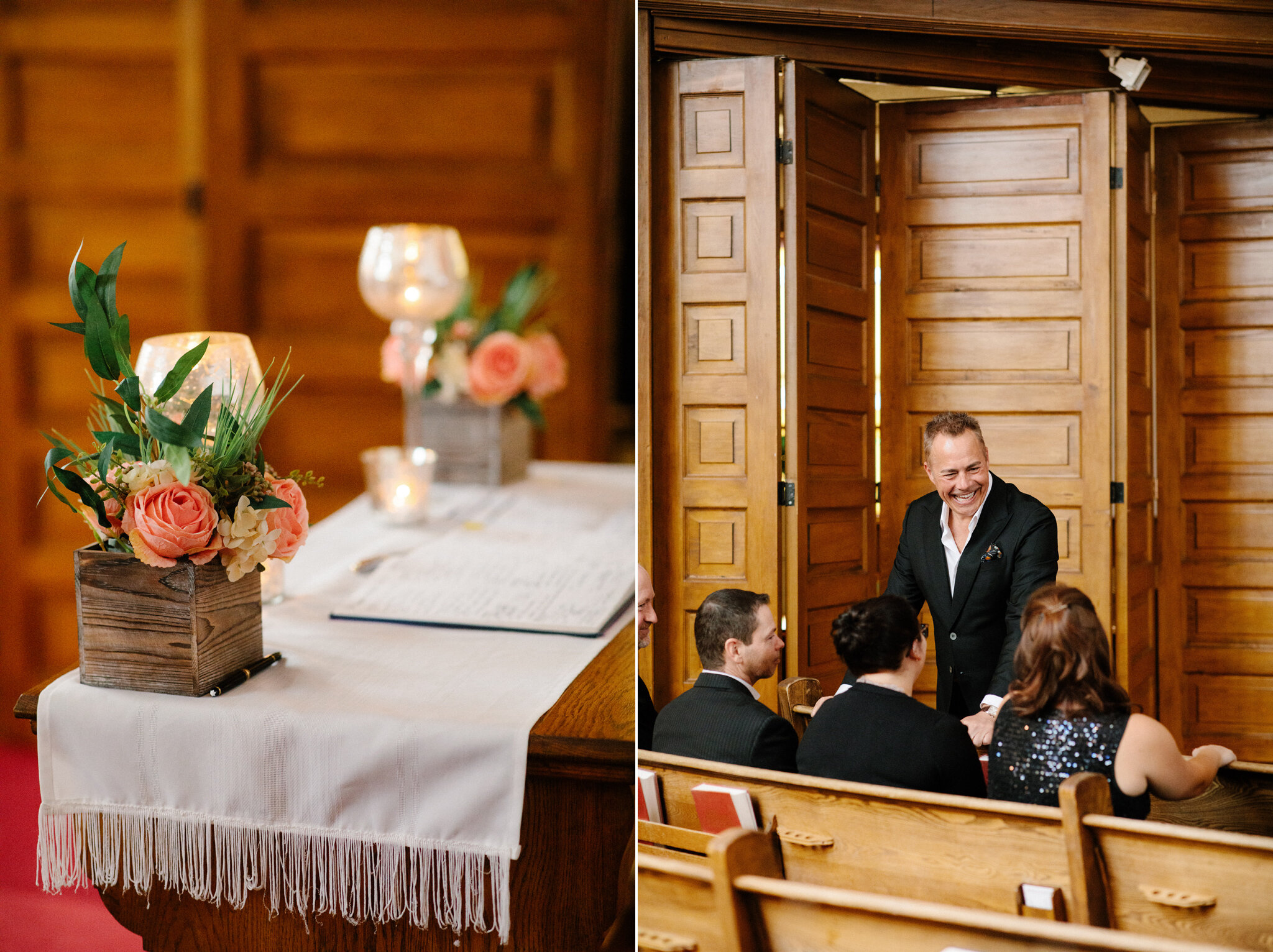 Groom greeting guests in church at Thornbury wedding