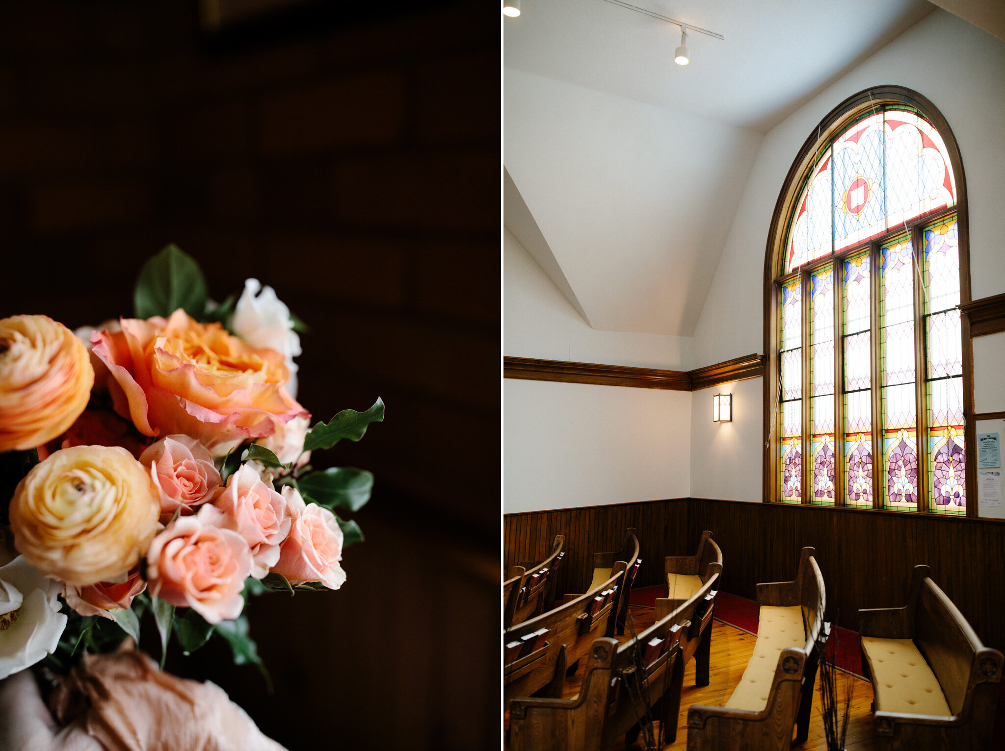 Beautiful coral wedding bouquet and thornbury church for winter 