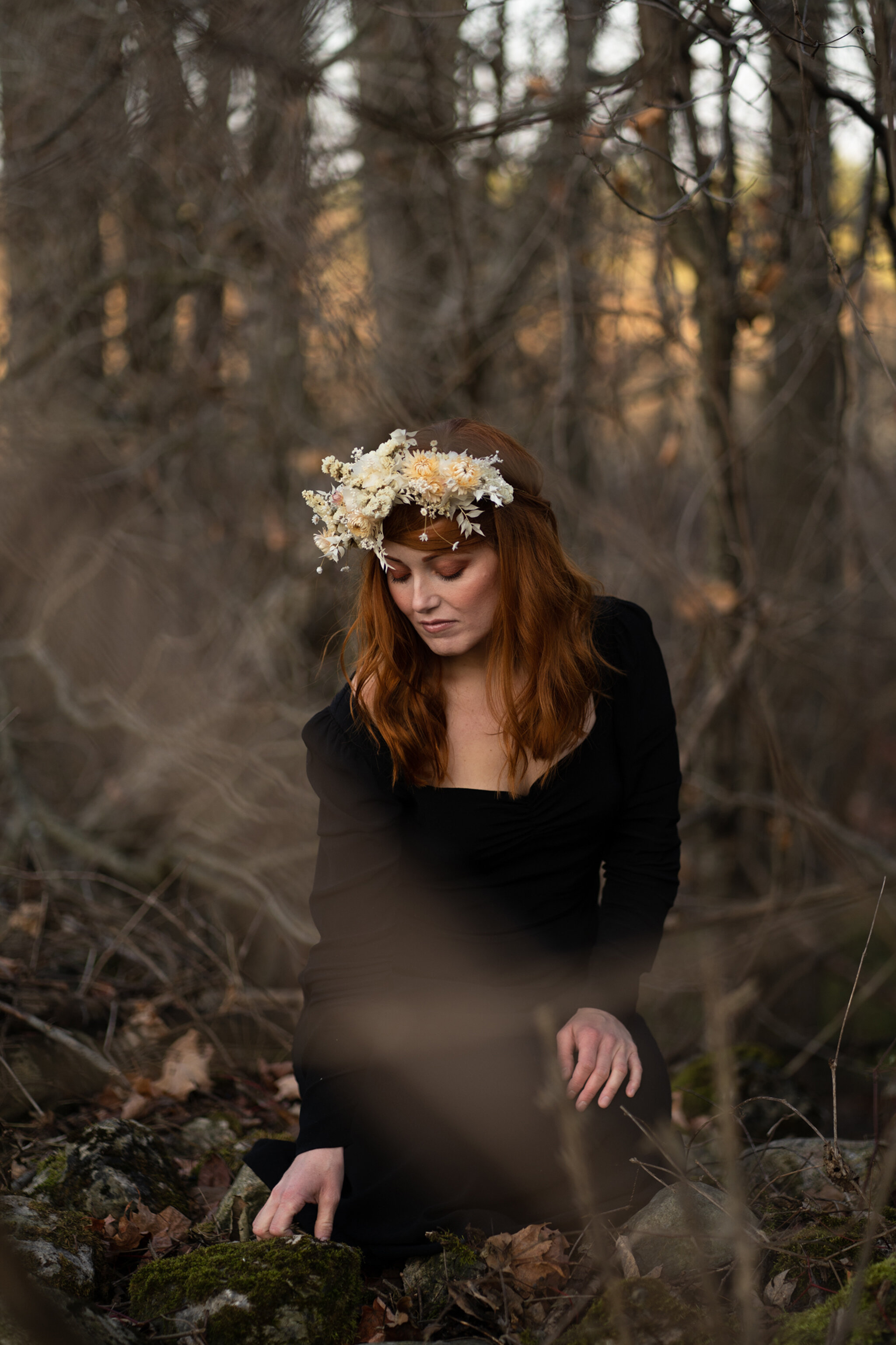 Fall forest creative portrait session with red headed model and 