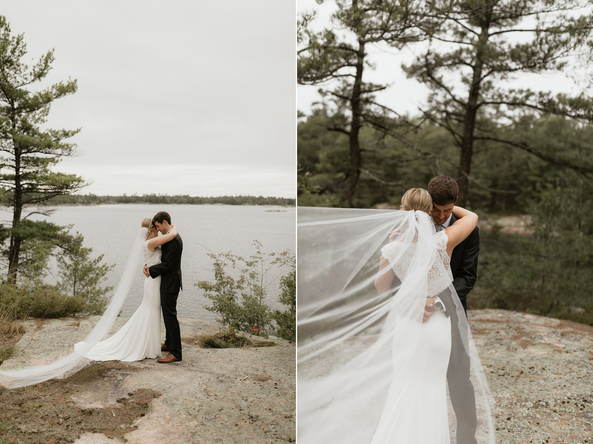Couple with cathedral veil overlooking Georgian Bay