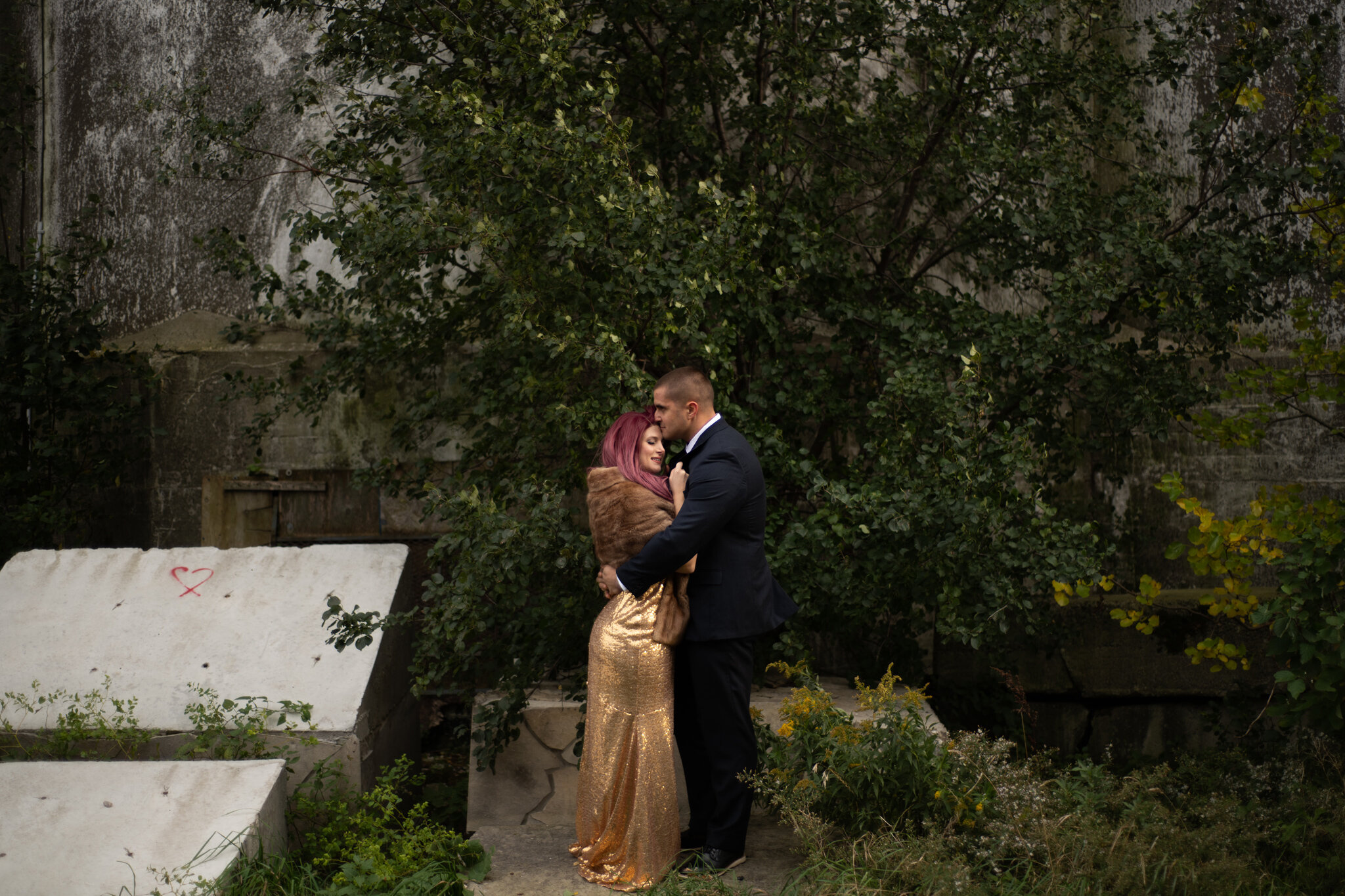 Modern Collingwood Elopement with Golden Sequence Dress and fur 