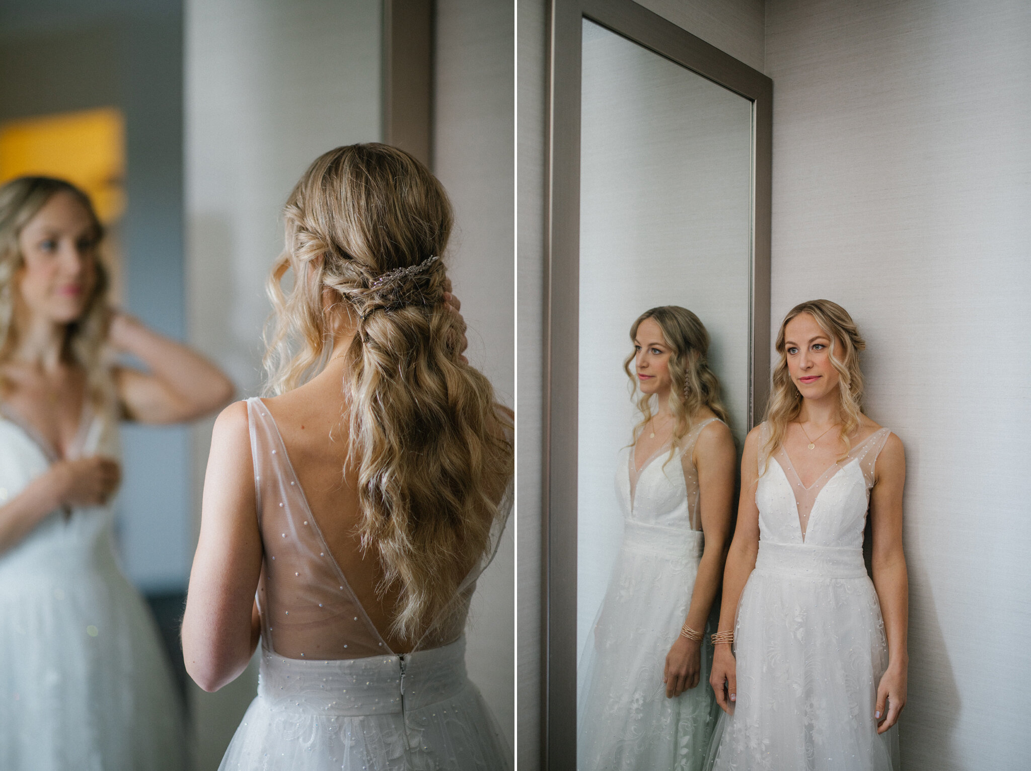 Beautiful bride in plunging neckline gown romantic hair