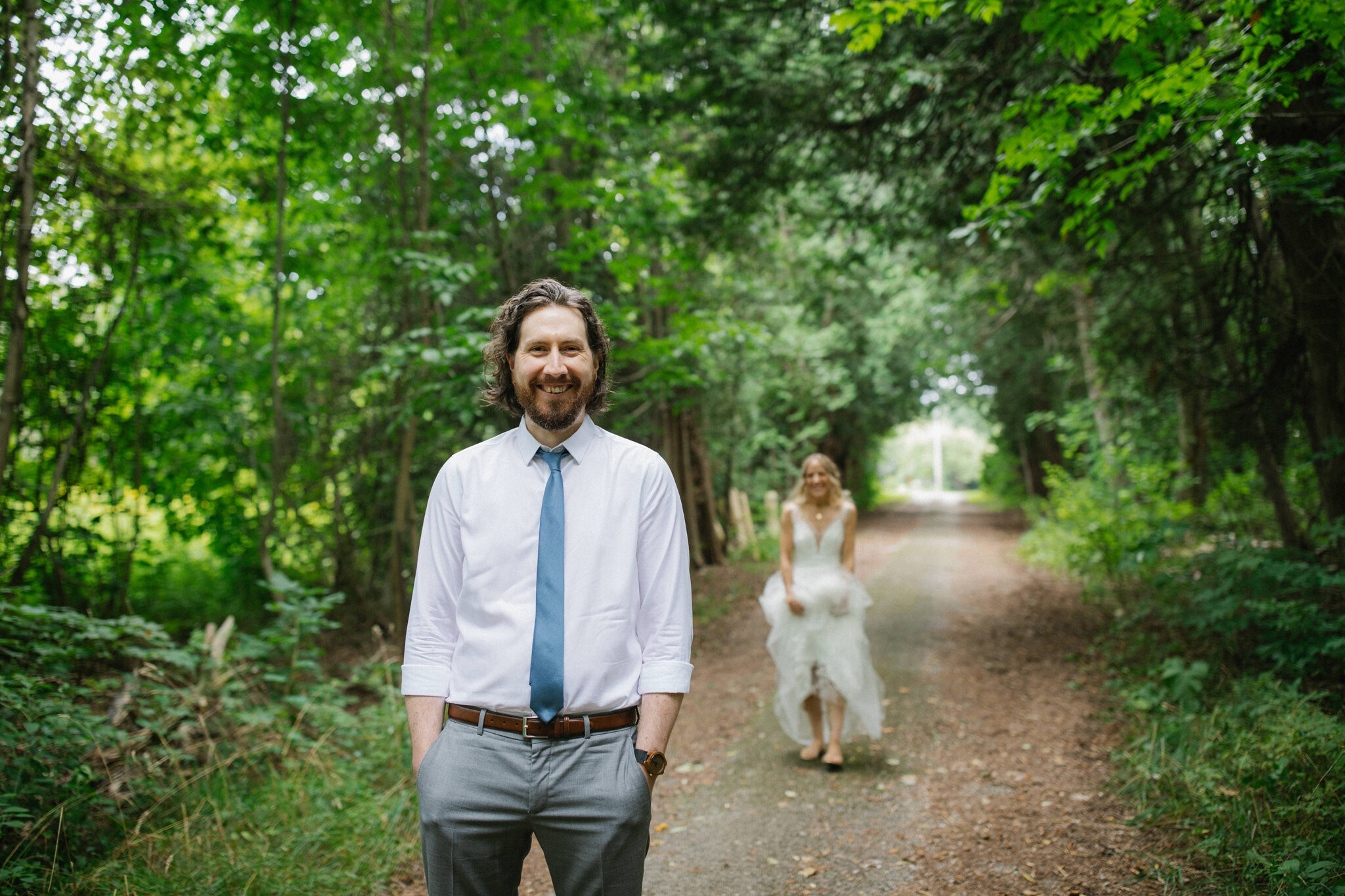 Wedding first look in forest in Meaford