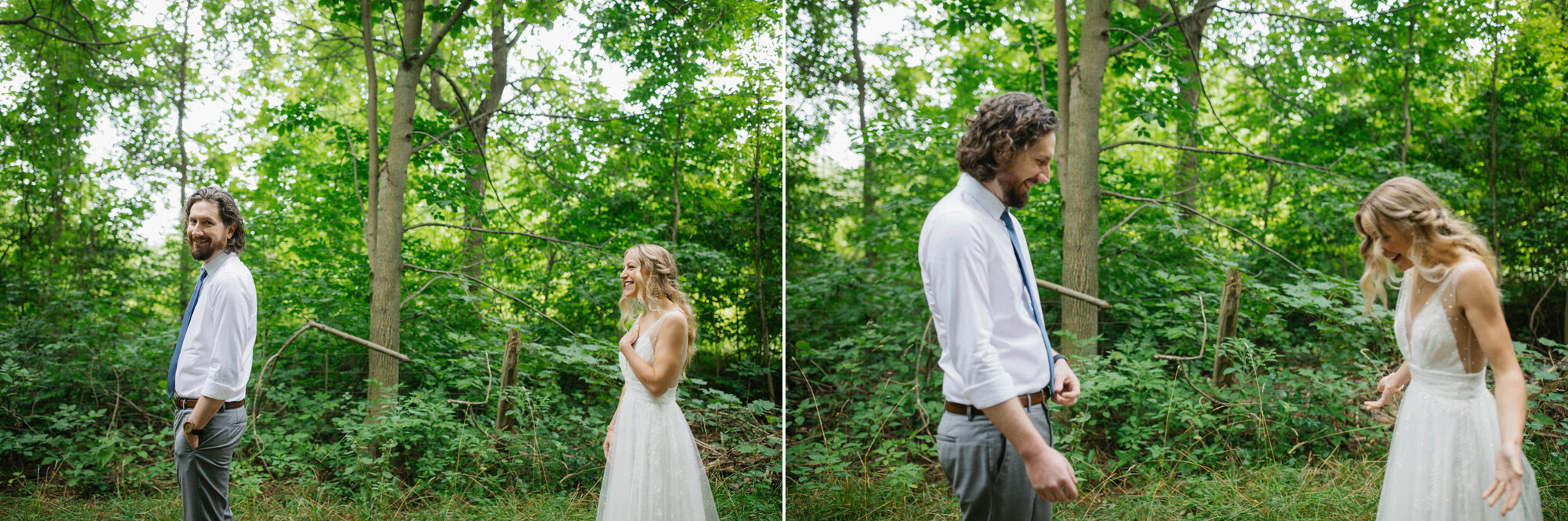 Wedding first look in forest in Meaford