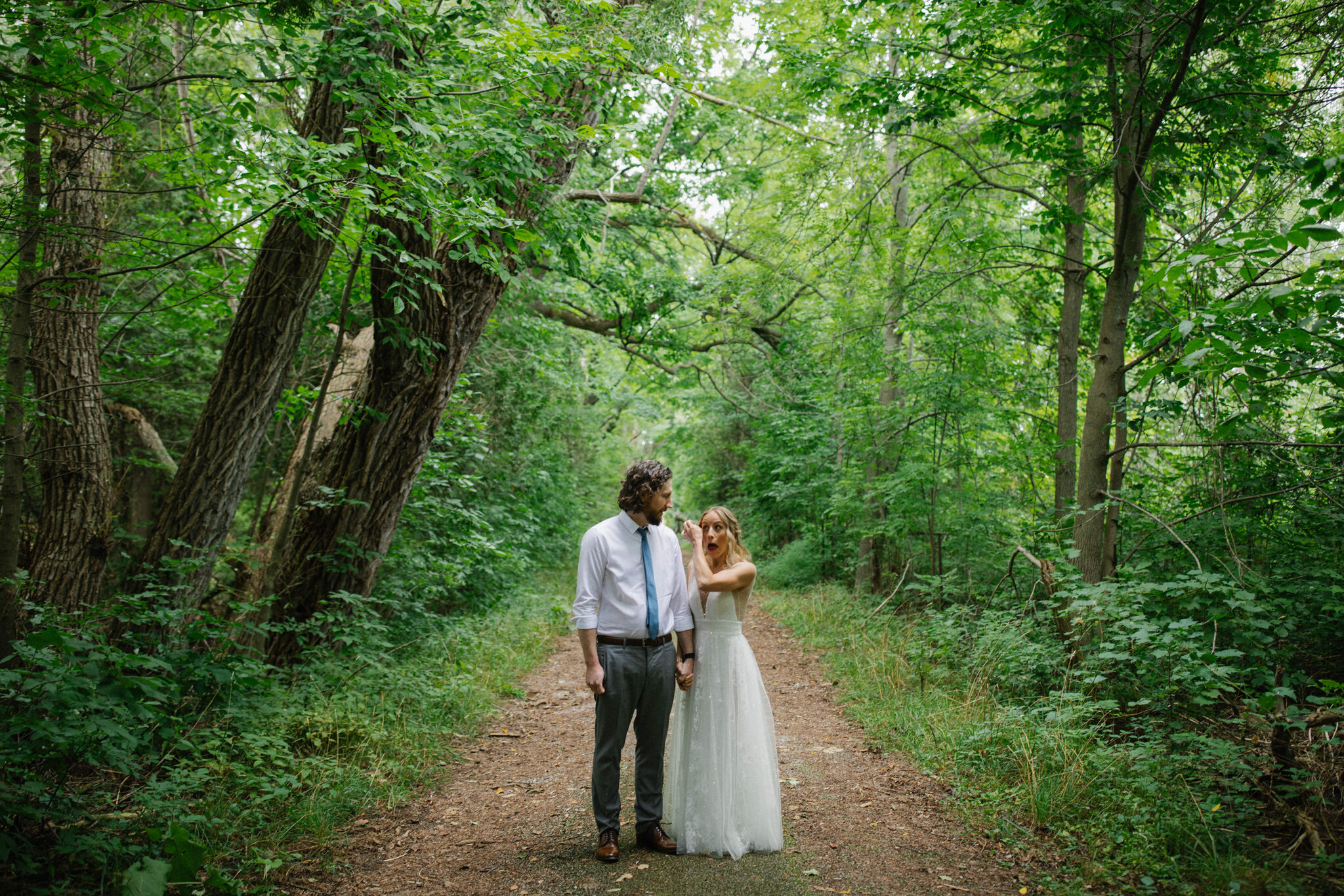 Bride cries during forest first look Meaford