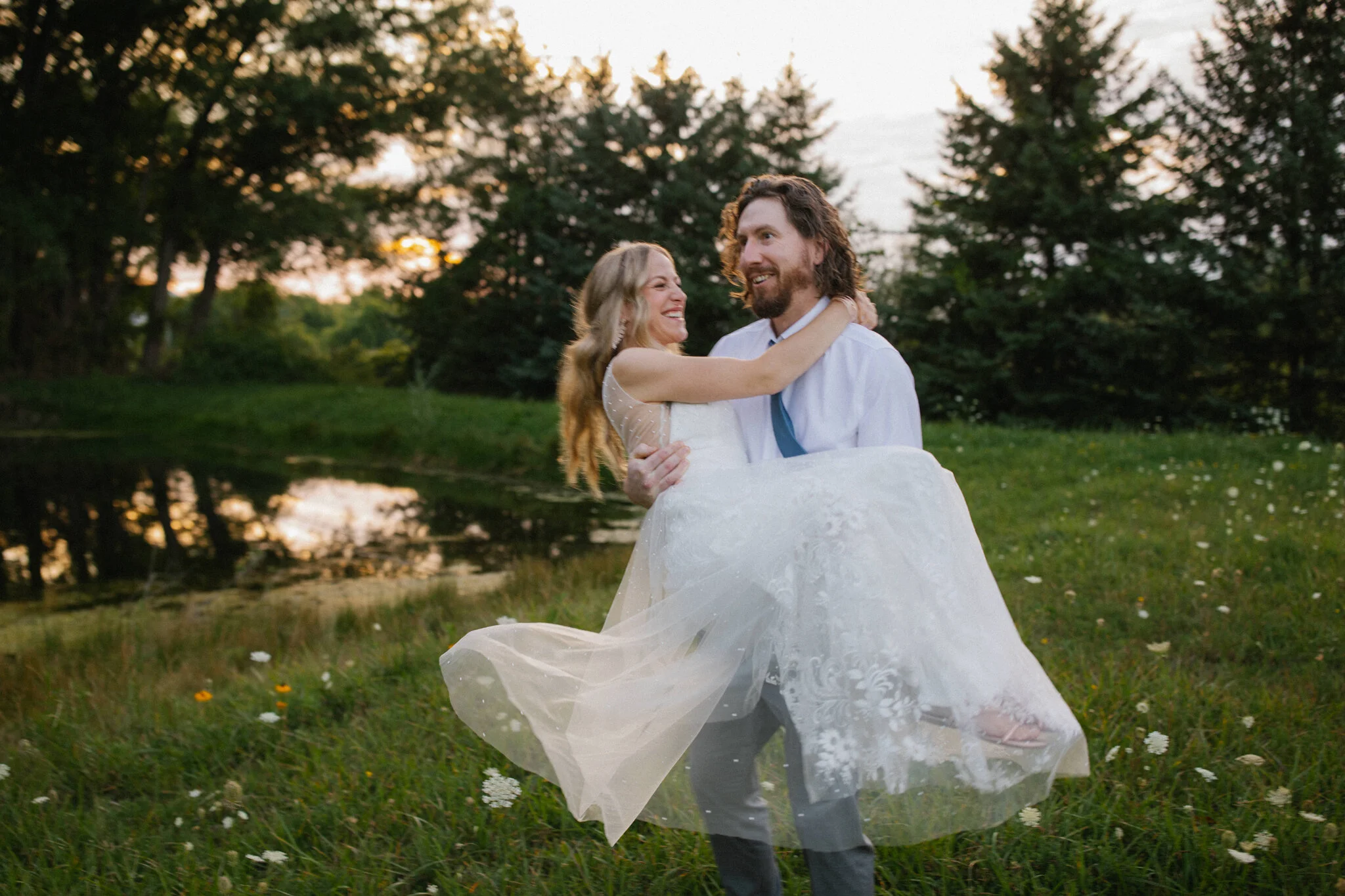 beautiful lace wedding gown spin golden hour