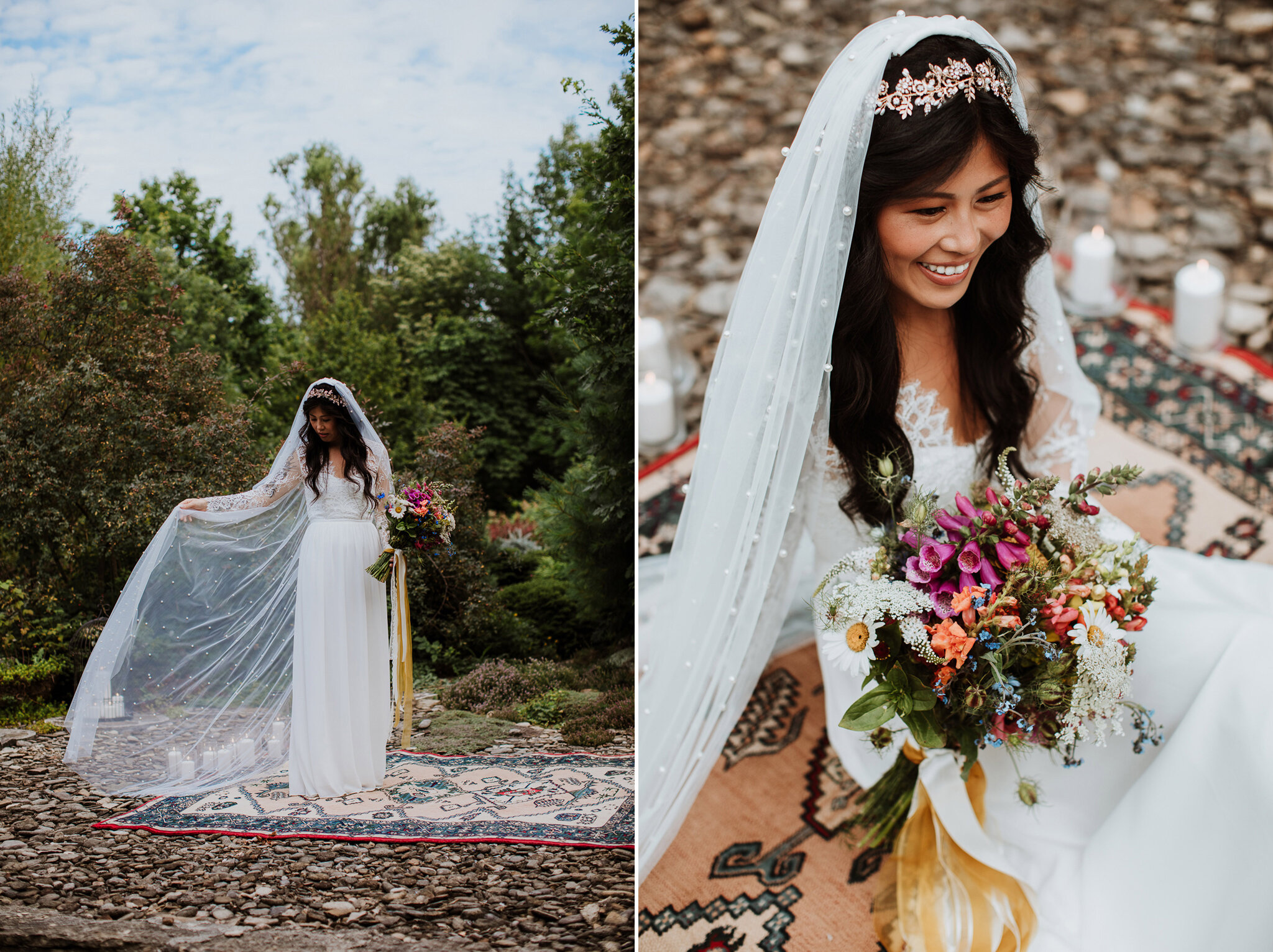 bride in lace gown wildflower bouquet and cathedral veil