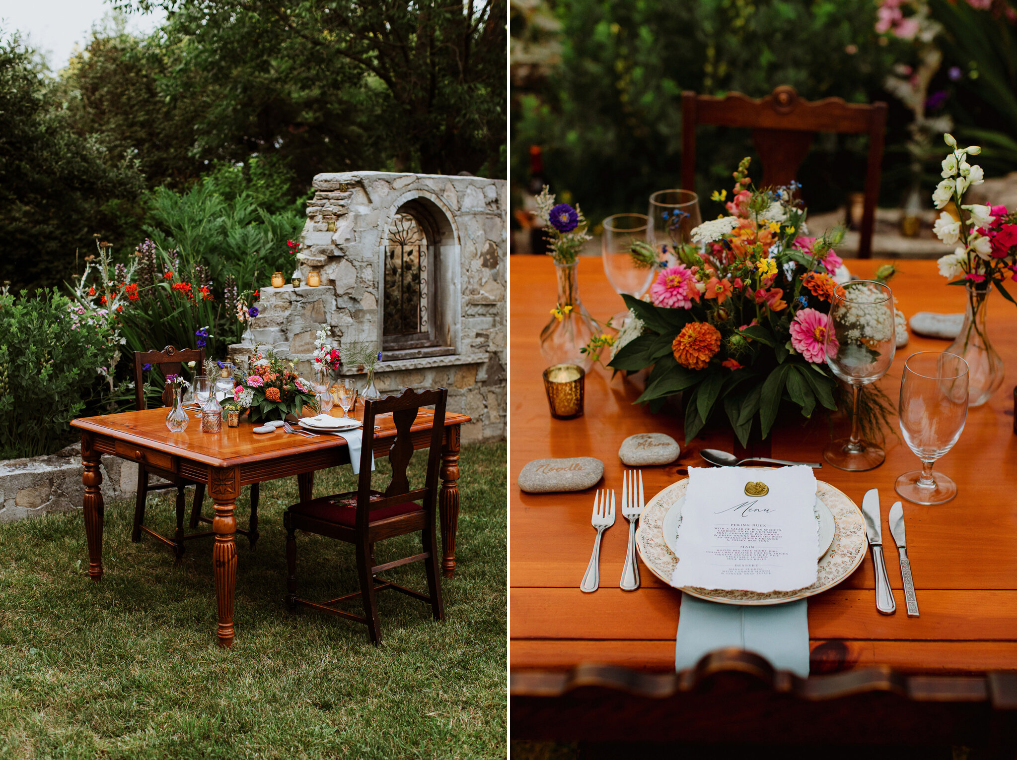 vintage and natural wedding tablescape outdoor dinner