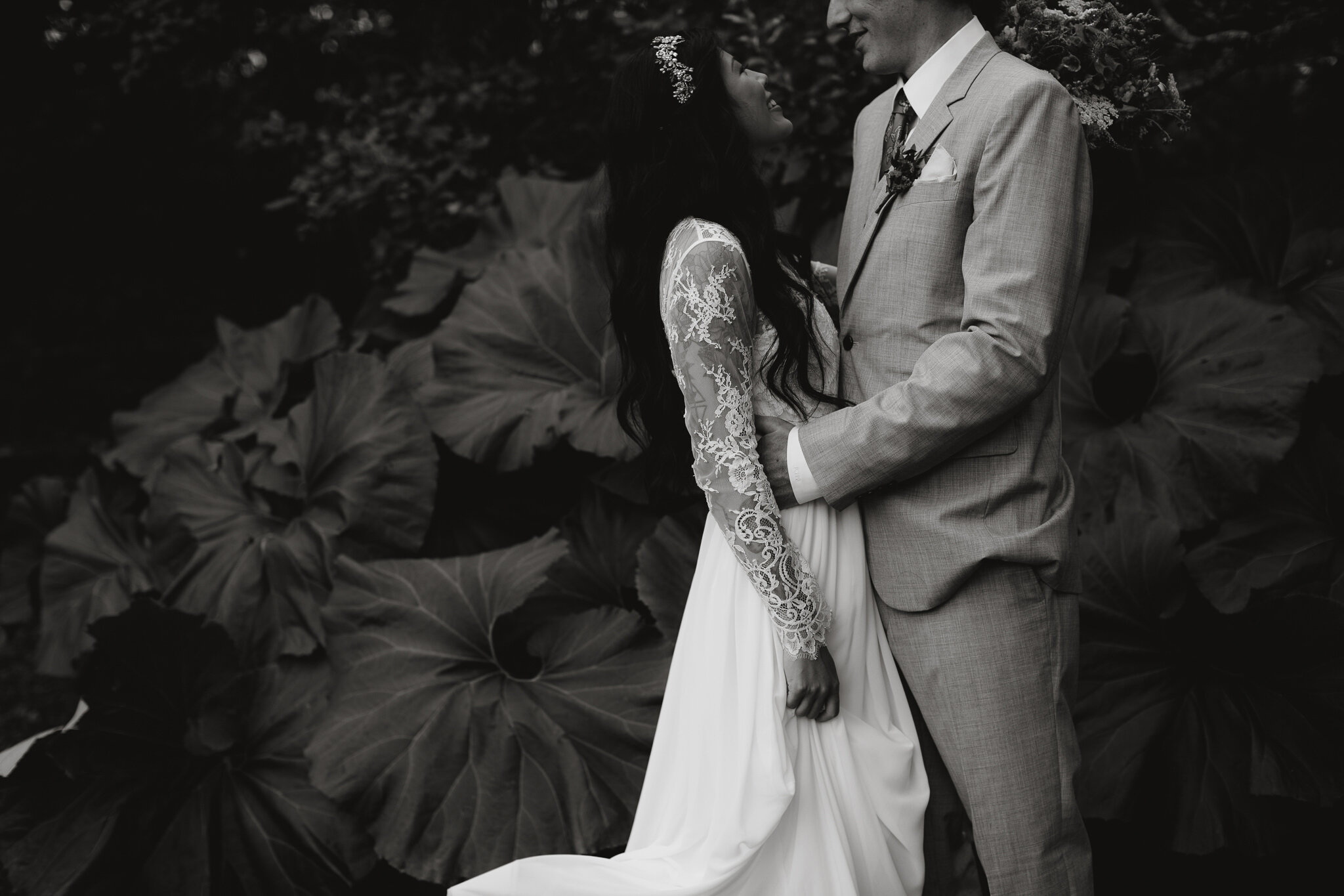 black and white image of couple on wedding day in big bay