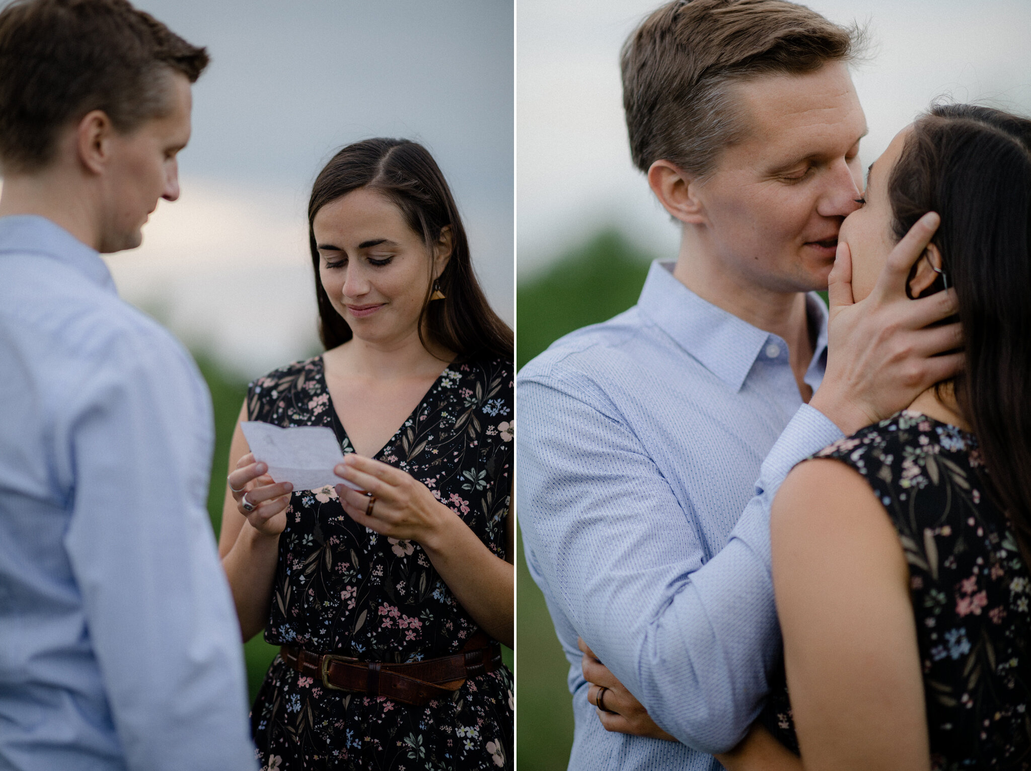 Couple read love letter during engagement session