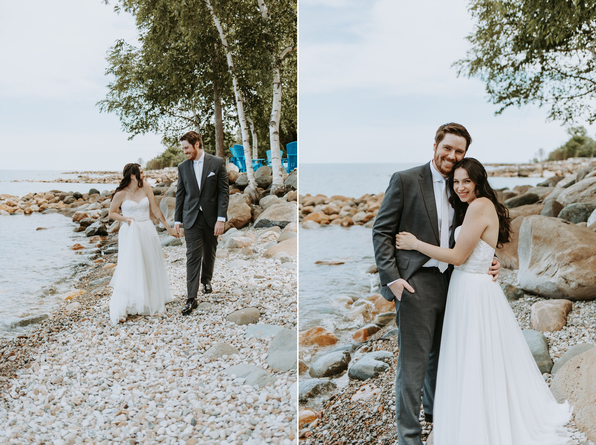 Bride and groom portraits on rocky Georgian Bay beach