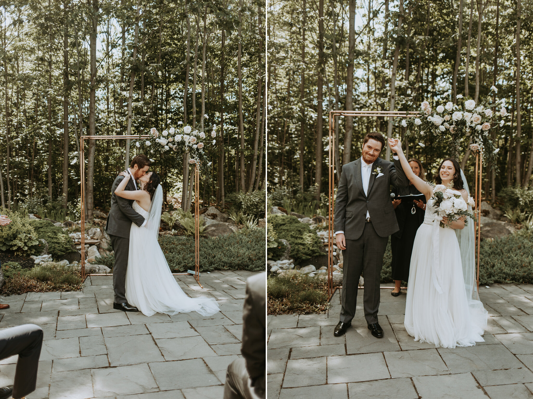 First kiss at backyard Lora Bay wedding with copper arch