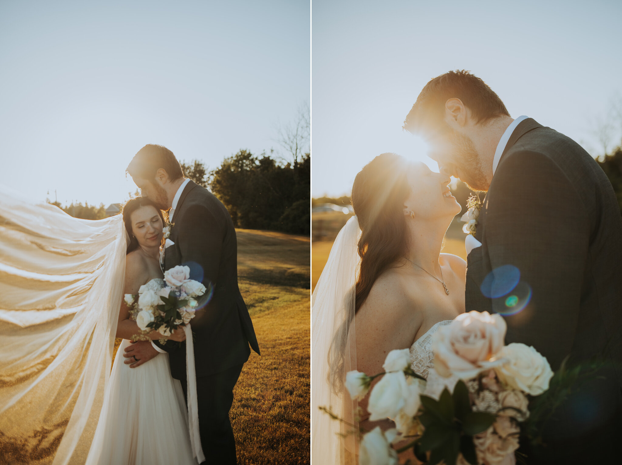 Romantic golden hour couple portraits Georgian Bay wedding veil