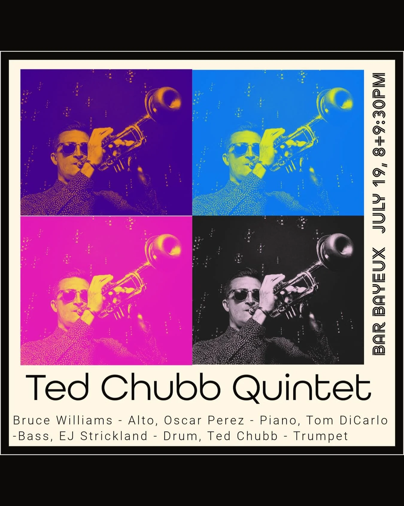 Saturday night (July 19) I have my band at the fantastic Brooklyn venue @barbayeux.  Sets at 8pm and 9:30pm.  NO COVER, one drink minimum.  Hope to see many friends there! 
Featuring: 
Yours truly - trumpet 
@bigsolid11 - alto 
@oscarperezmusic - pi