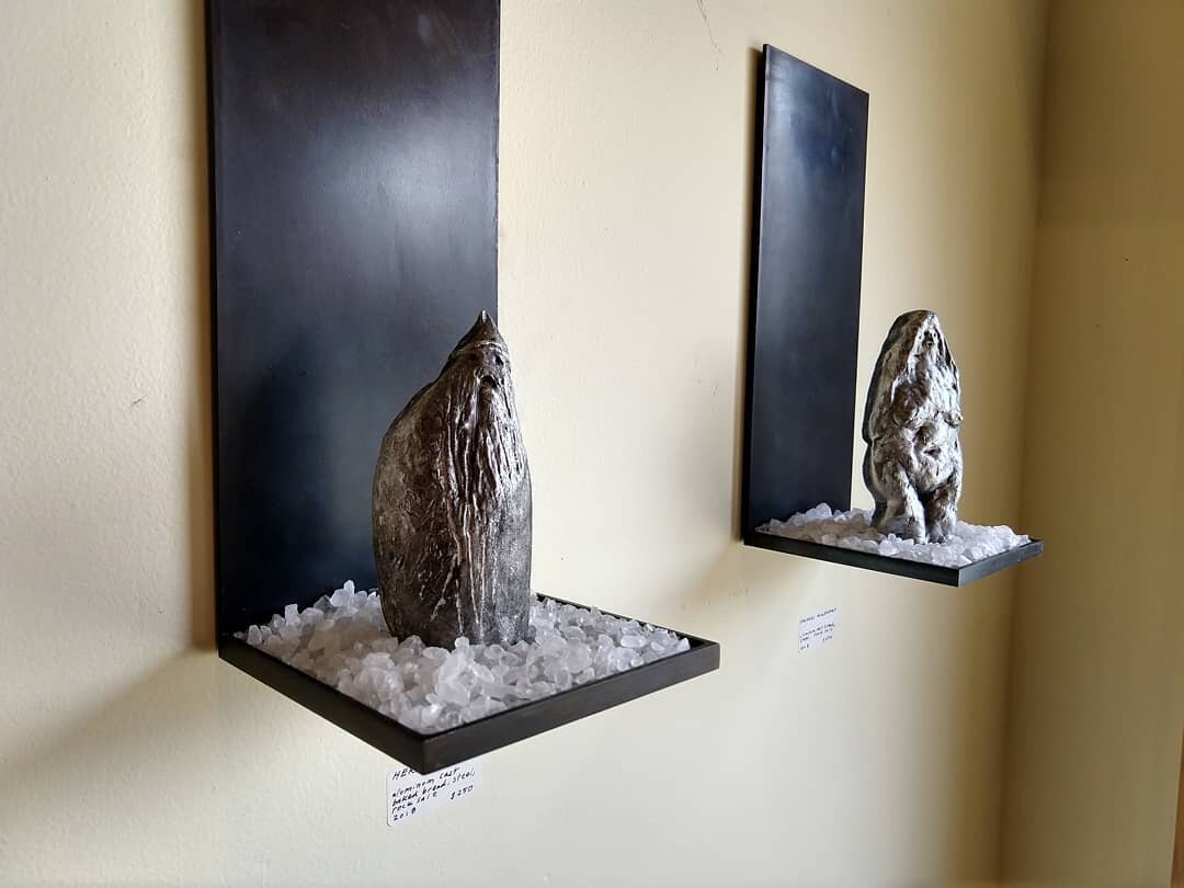 made a handful of patinated steel wall mounts to contrast these cast aluminum sculptures by @kateclarkbar showing for the month of July @pelicanbaybooks 
#patina #cast #aluminum #bronze #steel #rocksalt