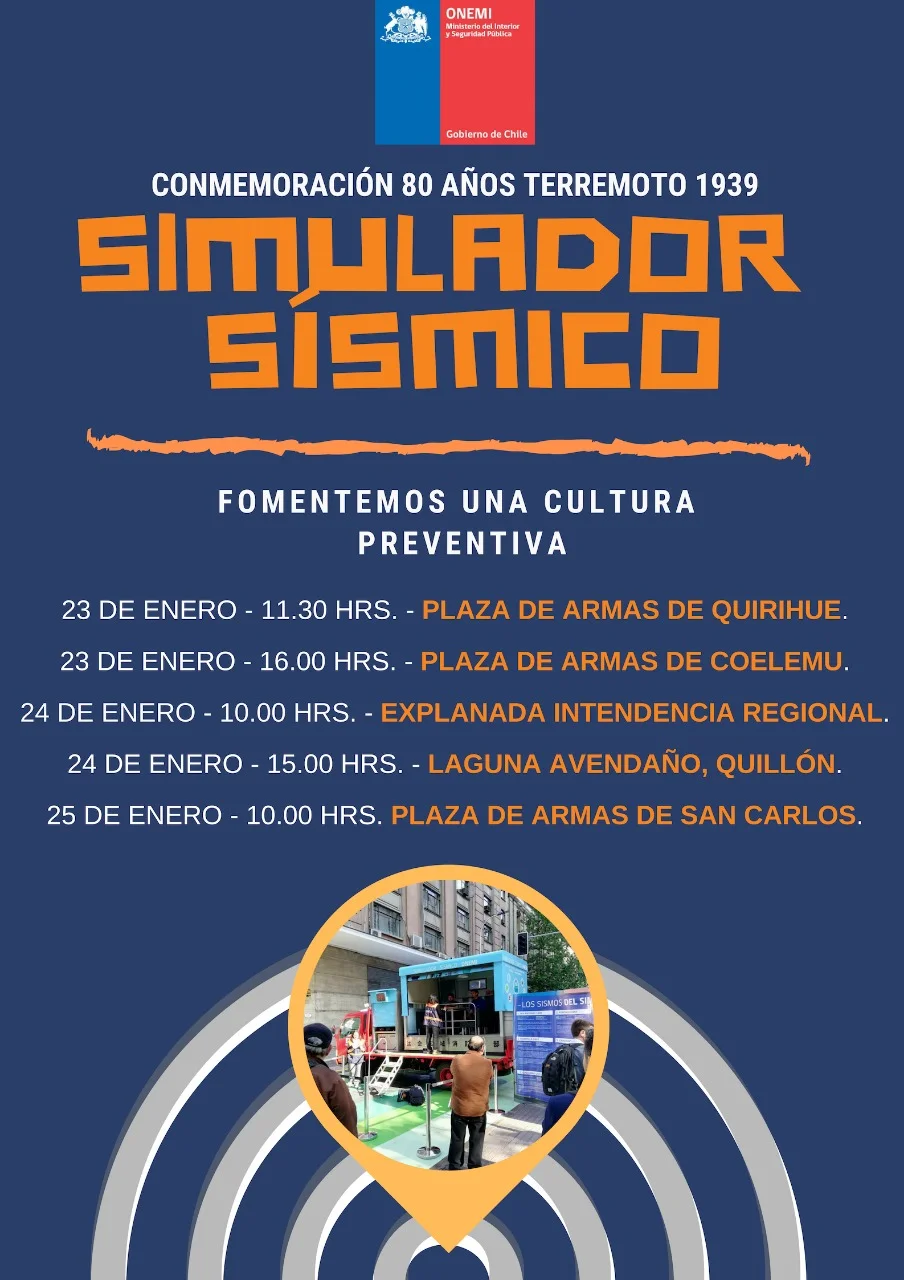 Simulador Sísmico Móvil de ONEMI recorrerá la Región de Ñuble para conmemorar los 80 años del terremoto de Chillán