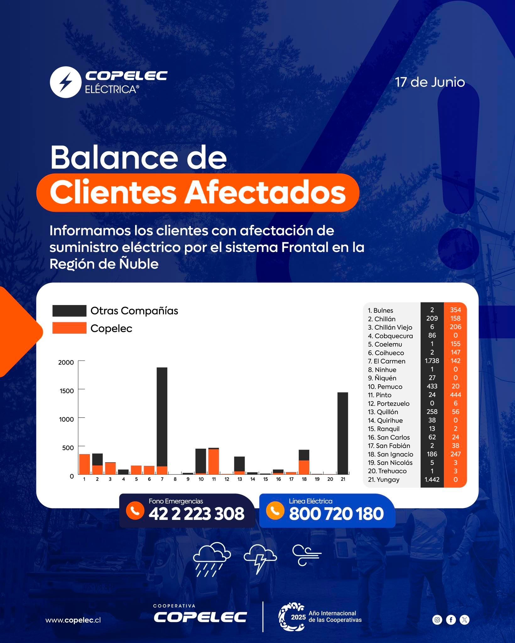 Copelec refuerza despliegue en terreno para reponer suministro eléctrico a más de 1.900 clientes en Ñuble