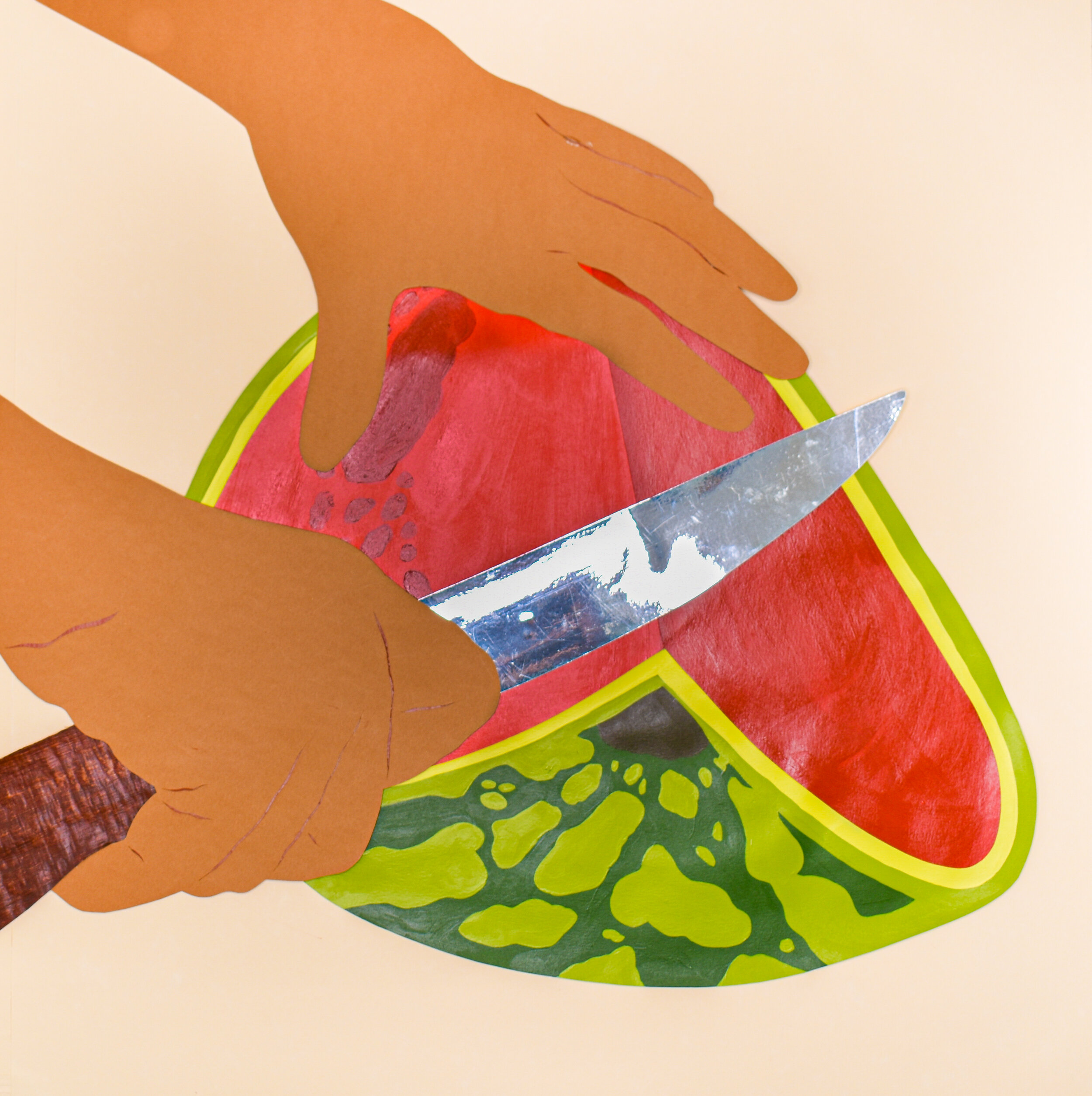   Grandma Brings Out A Watermelon To Cut For Us In The Summer   2021  Papercuts, Paint  20”x20” 