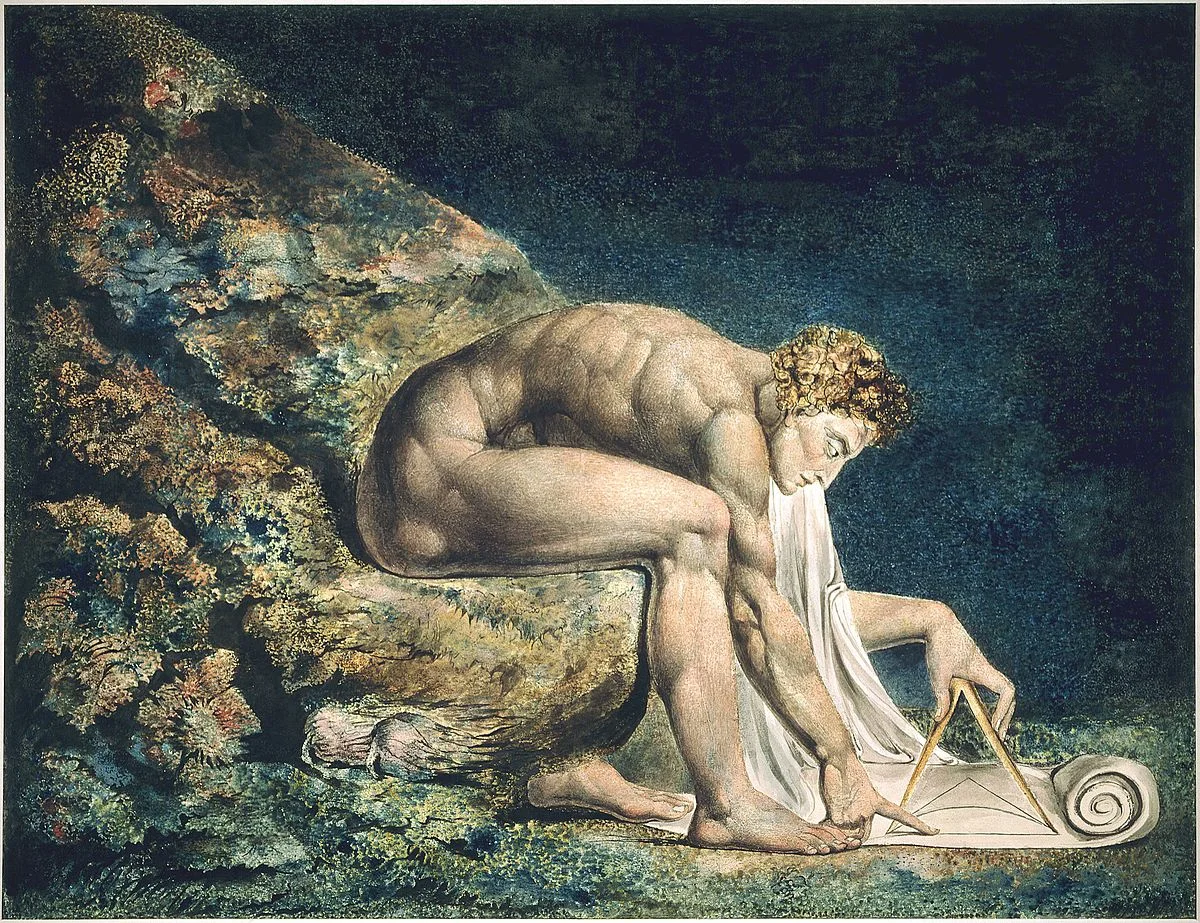 William Blake (1795) Newton. Monoprint with ink and watercolor. Tate Gallery, London.