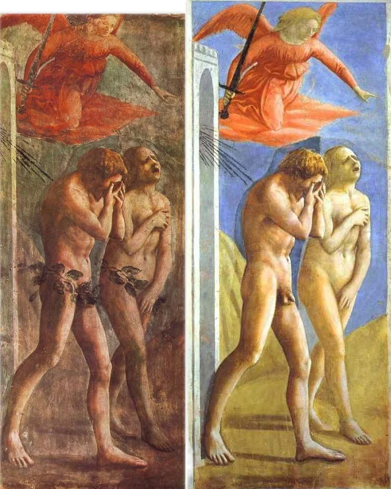 Restoration of Masaccio's (c. 1425) Expulsion of Adam and Eve from Eden. Brancacci Chapel, Santa Maria del Carmine, Florence.