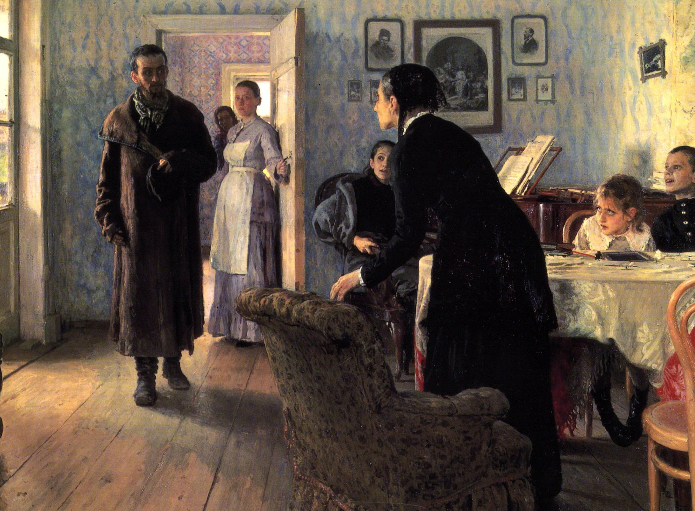 Repin, Il'ia Efimovich (1884-88) They Did Not Expect Him. Oil on canvas. Tretiakov Gallery, Moscow.