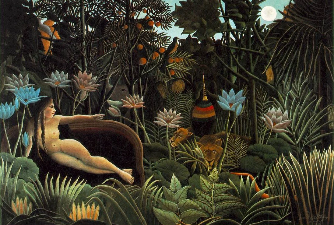 Henri Rousseau (1910) The Dream. Oil on canvas Museum of Modern Art, New York Rousseau made 25 jungle paintings in his untrained, primitive style. He was a government customs officer and never left France or saw a jungle with his own eyes. He visited the Jardin des Plantes museum in Paris frequently: "When I go into the glass houses and I see the strange plants of exotic lands, it seems to me that I enter into a dream."
