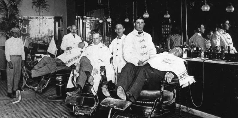 Old photo of the Frantz Barber Shop, Anaheim, CA.