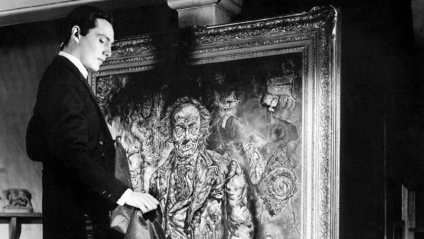 Still from the 1945 Hollywood version of Oscar Wilde's The Picture of Dorian Gray. The original oil painting by Ivan Albright , commissioned for the movie and filmed, in stages, to mirror the protagonist's decline into decay and depravity over time, is part of the permanent collection of the Art Institute of Chicago.
