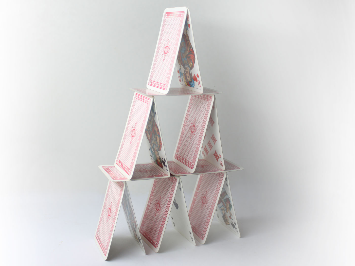 2, 5, 8... The number of cards needed for each of first three levels (rows) of the House of Cards. Photo WikiHow