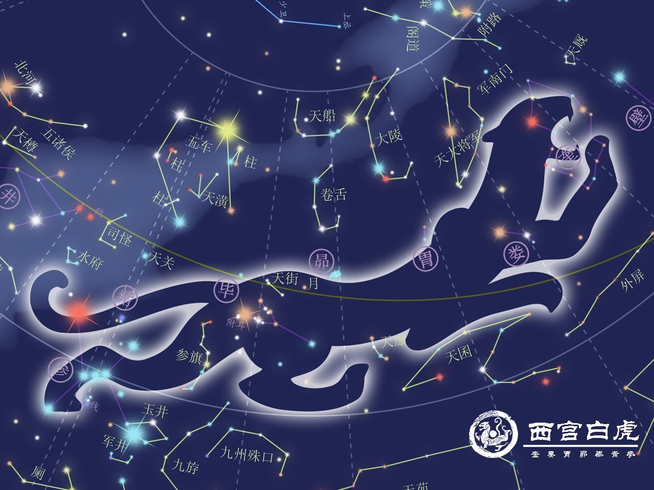 The White Tiger, one of the Four Symbols of the Chinese Constellations, represents the west and the autumn season. Each Symbol has Seven Astrological Mansions that correspond to positions, of the moon juxtaposed with specific stars. The other three Symbols are the Azure Dragon of the East, the Vermillion Bird of the South, and the Black Turtle.