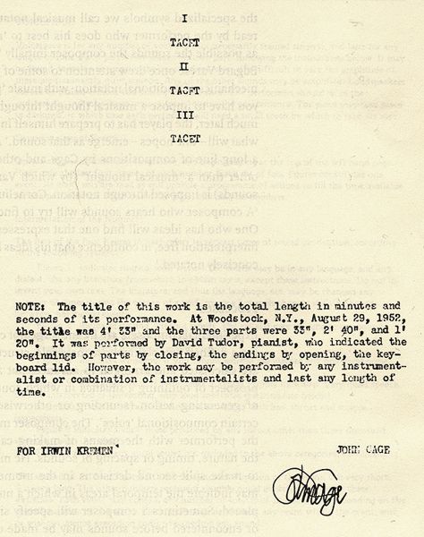 Sheet music and performance notes for John Cage (1952) Tacet: for any instrument or combination of instruments. Duration 4 minutes 33 seconds.