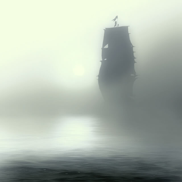 Ship emerging from the fog—metaphor for honing student Exhibition and Essay ideas. Image credit: Sails of Glory.org