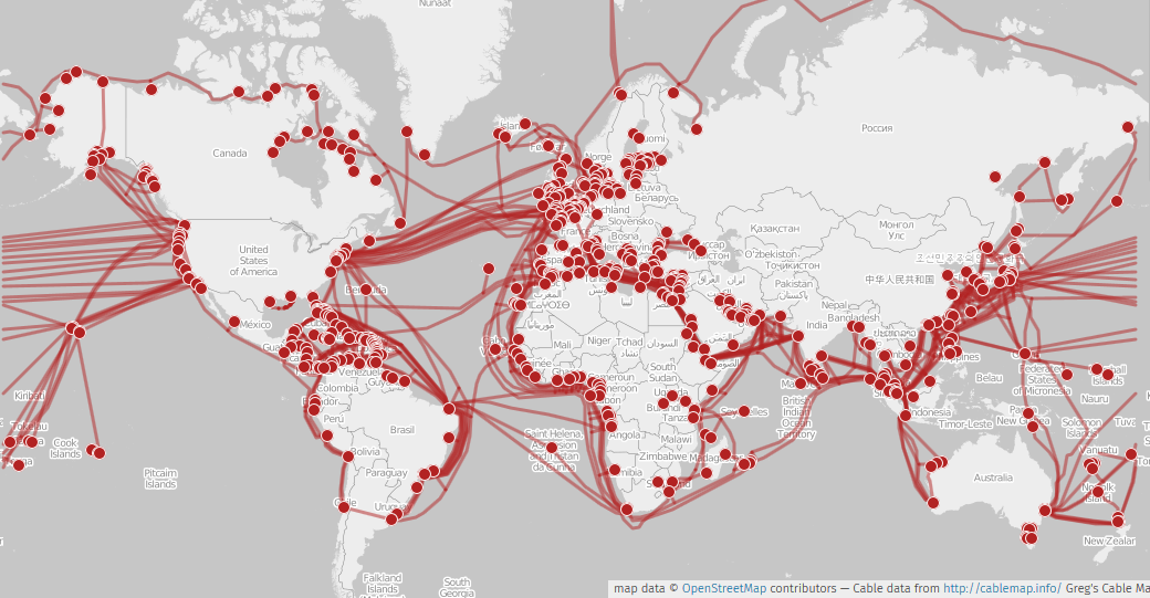 World submarine fiber optic cable map in 2015