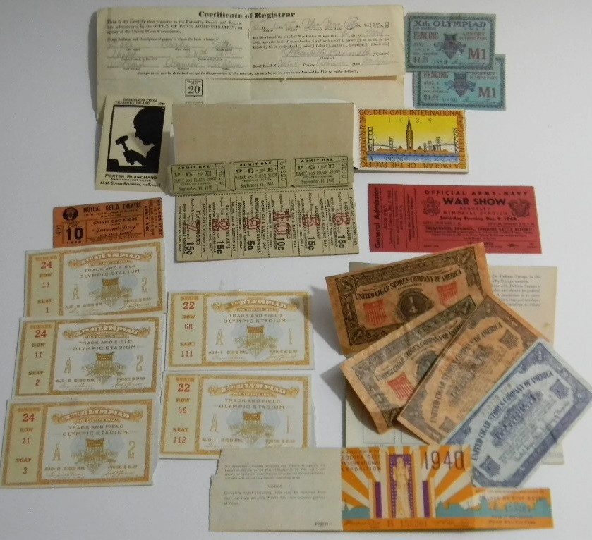 Exhibition tickets and souvenirs from the X Olympiad in Los Angeles, CA and the Golden Gate International Exposition, ranging from 1932 to 1940.