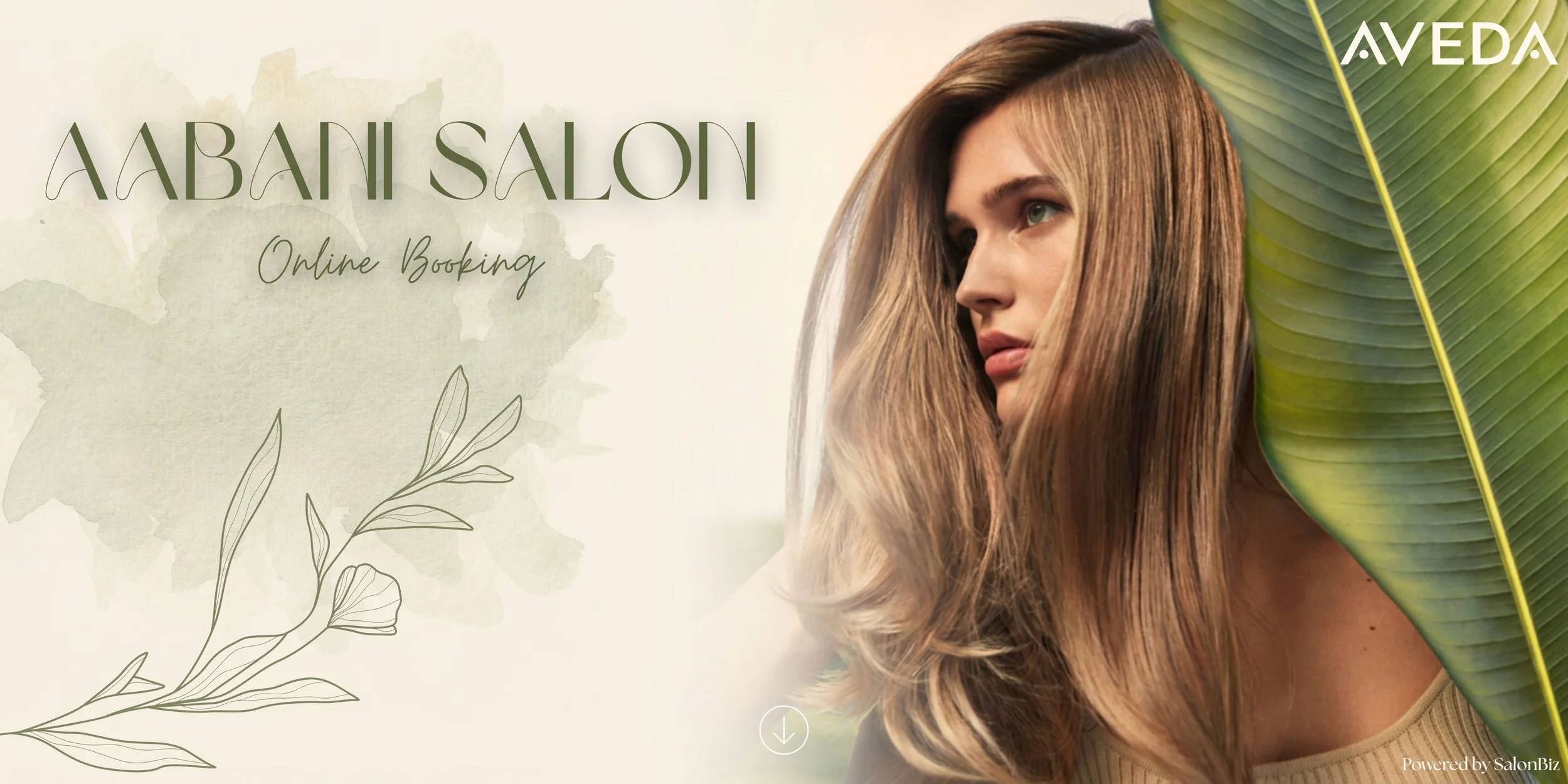 A promotional banner for an online hair salon with a woman with long, wavy blond hair, surrounded by green leaves, and text that reads 'AABANI SALON, Online Booking', in a natural and elegant style.