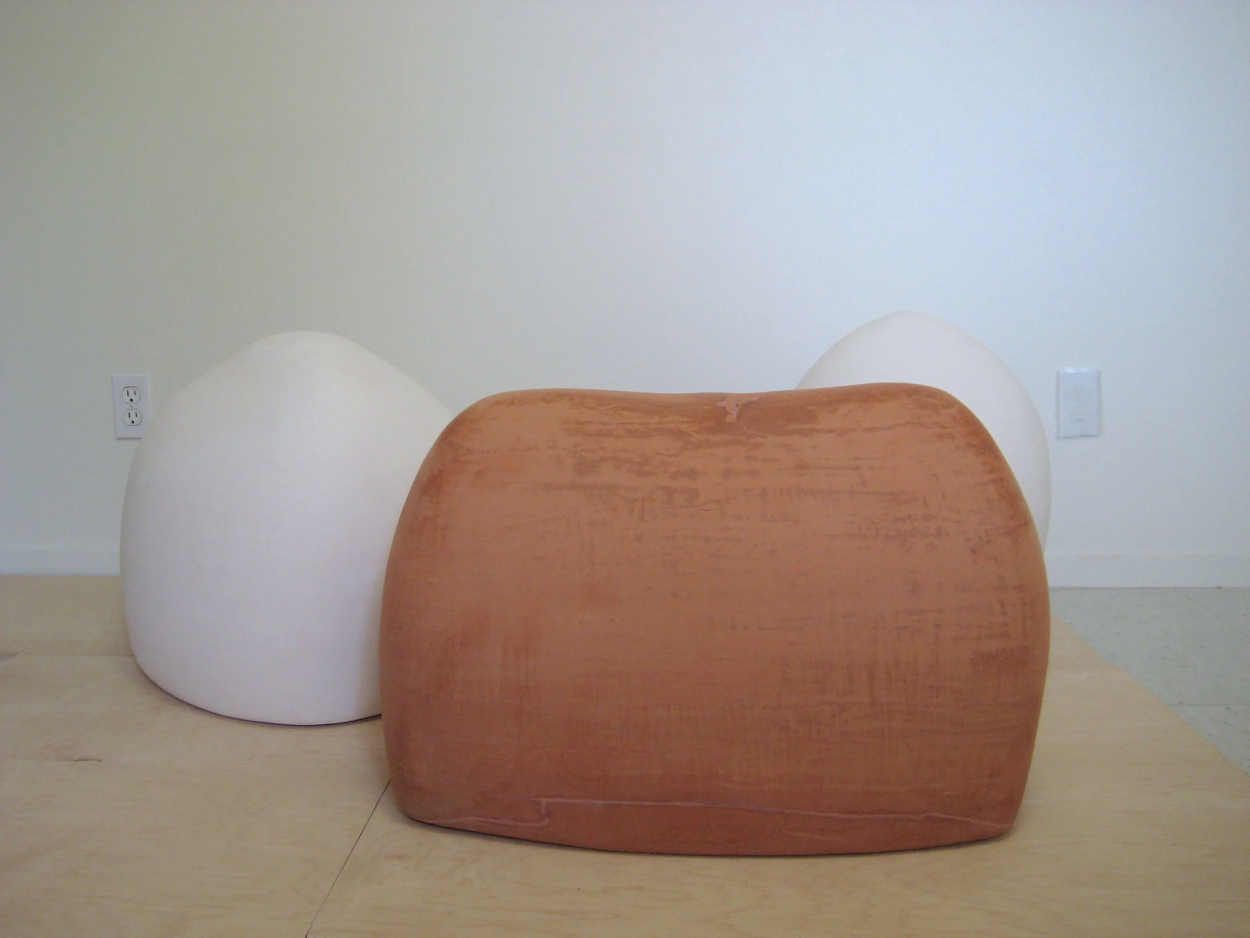   Mystic Mountains Triptych; White Stone, Cinnabar Mound, Mountain Moon  | Low fired porcelain and earthenware clay | WS: 19" x 23" x 22” ; CM: 16” x 12” x 24” ; MM: 19” x 15” x 14” | 2017 