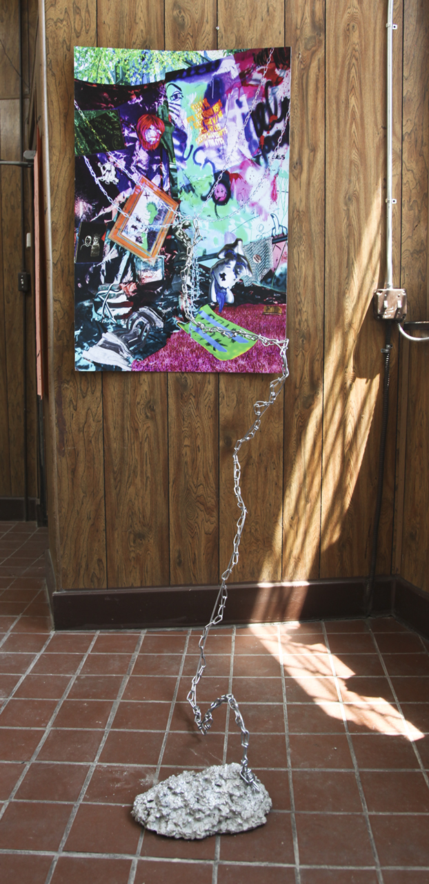 Sarah Long  “when I die throw me in the trash” 2018 Photographic print, bristol board, mylar,  chain, steel wire and rod, concrete print: 45 x 30 inches