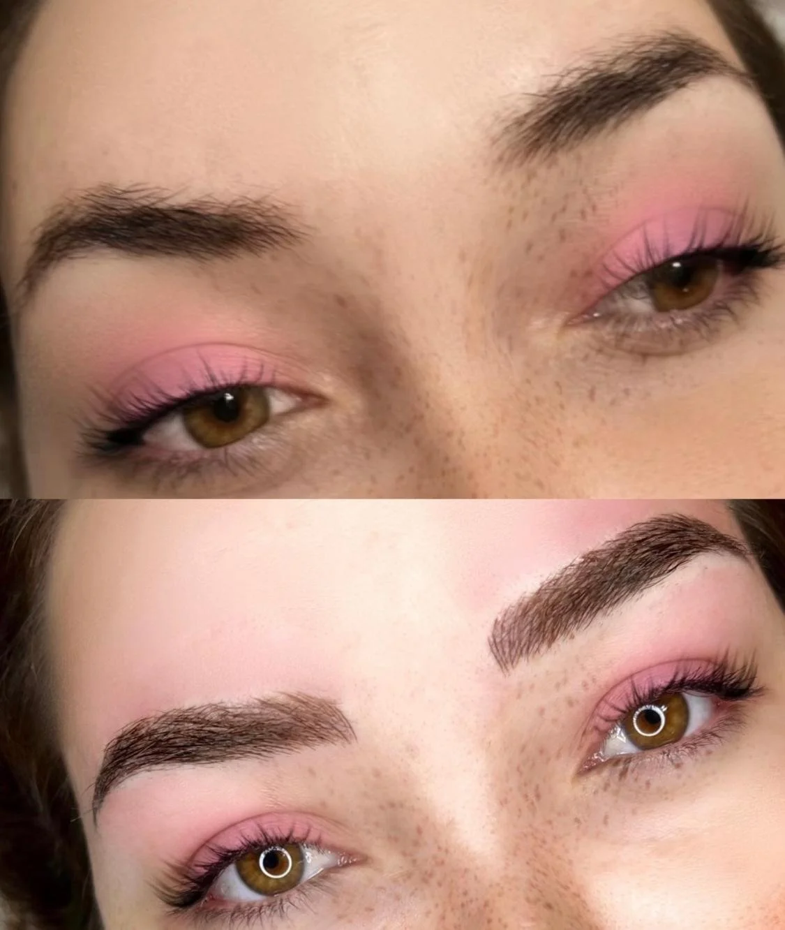 Close-up of eyes with pink eyeshadow before and after eyebrow shaping