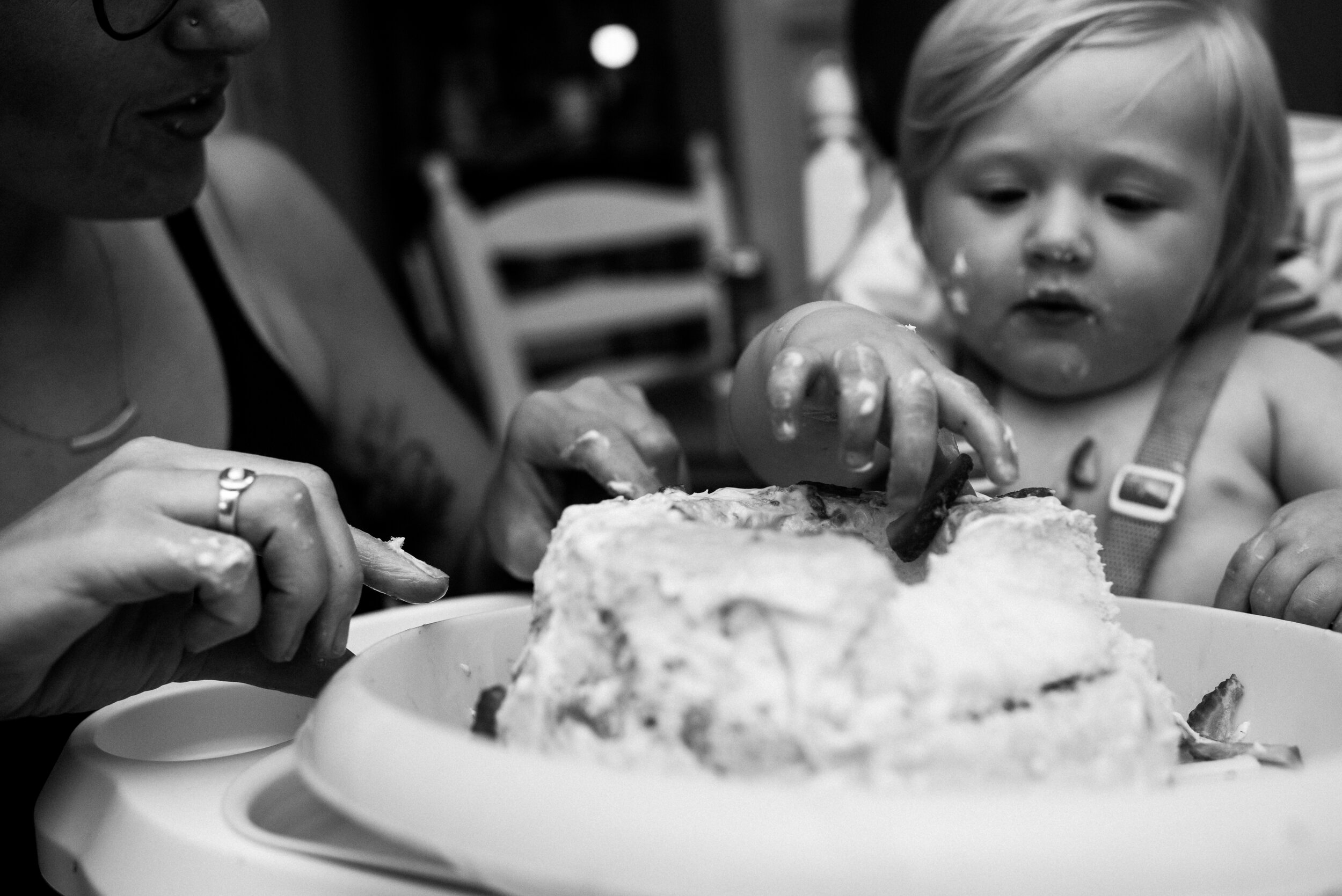 Toddler smashing his birthday cake at his first birthday during a family photo session in Kingston, Ontario