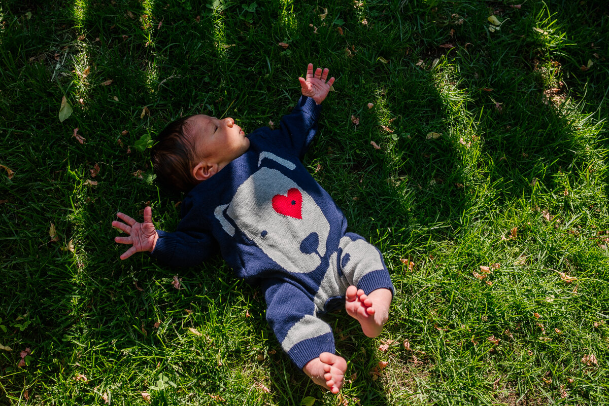 Baby lying in the grass during a family photo session in kingston ontario 