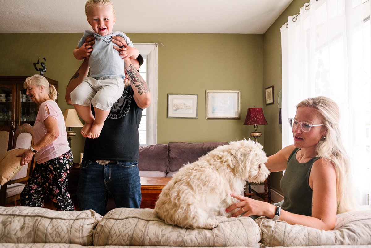 Little child jumping on sofa in the arms of his dad, mom with her pet puppy