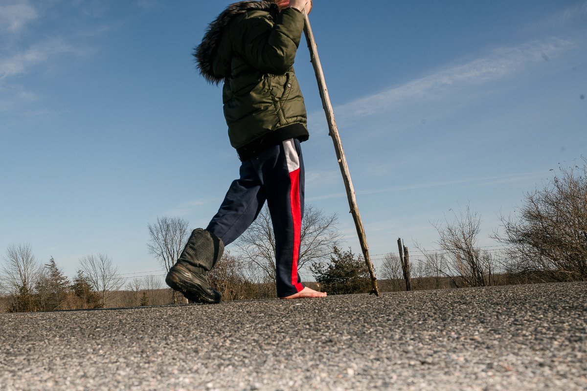 Exploring nature's trail, boy walking in the park with a stick