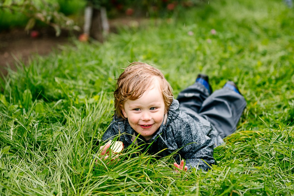 Boy lying down in the grass in the apple farm