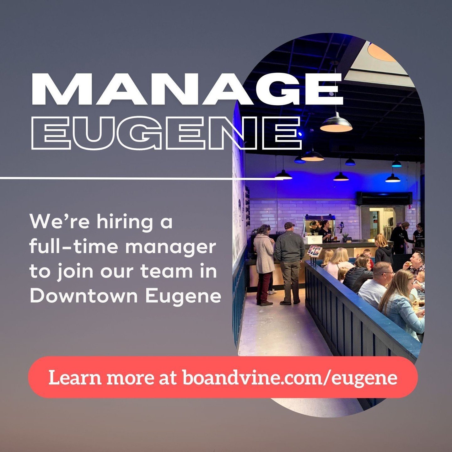Our full-time manager position in downtown Eugene is now accepting applications. Visit boandvine.com/eugene to learn more and apply.
.
.
.
.
#OppInEugene #EugeneJobs #EugeneHiring #DowntownEugene #EugeneManagers #JobSearch #Careers #WorkInOregon #Hir